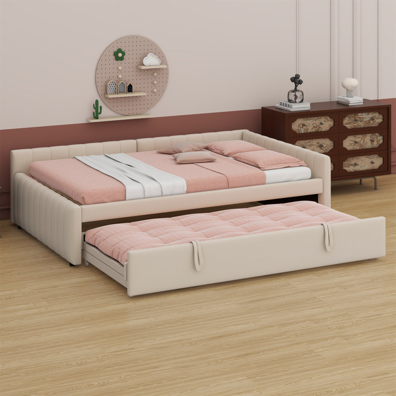 L-Shaped Upholstered Daybed With Pop Up Trundle, Beige