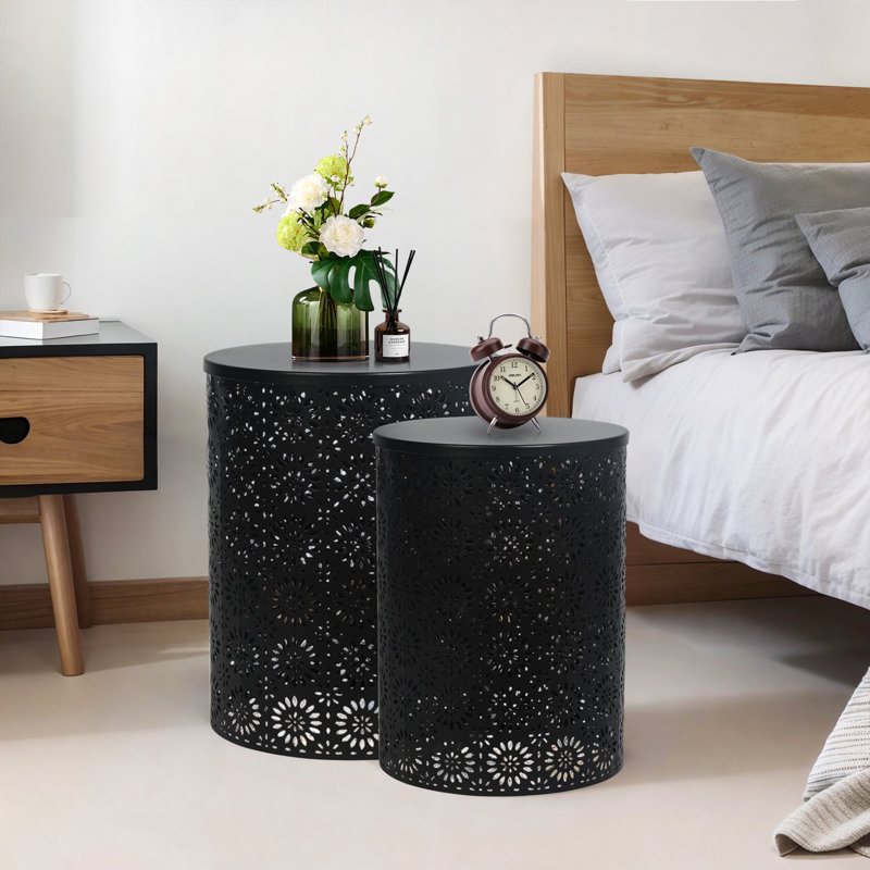 Set Of 2 Hollow-Carved Round Metal End Tables, Black