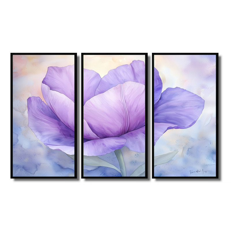 Fleur radieuse de tulipe mauve II - ensemble d'art mural tulipe, H 40 po x l 60 po, Reproduction avec cadre flottant, Noir