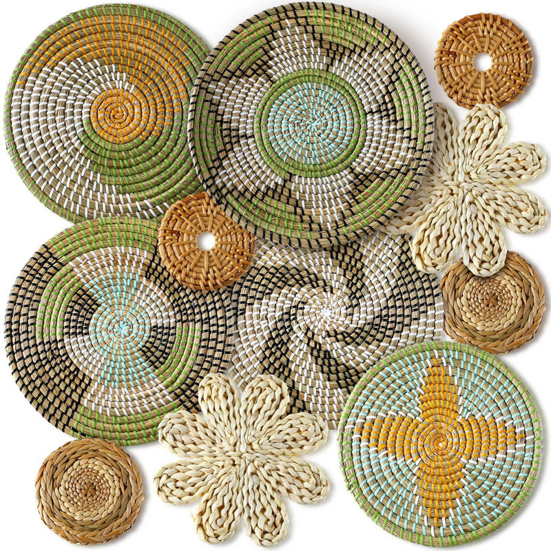 Handwoven Multicolor Bulrush Boho Wall Basket Set, 11 Pieces