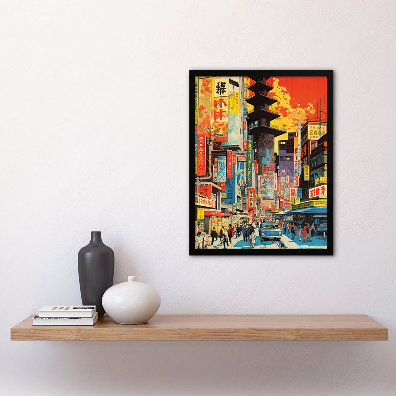 Aldrin Downtown Tokyo Street Scene 1960's Orange and Yellow 1 Piece Single Picture Frame Wall Art