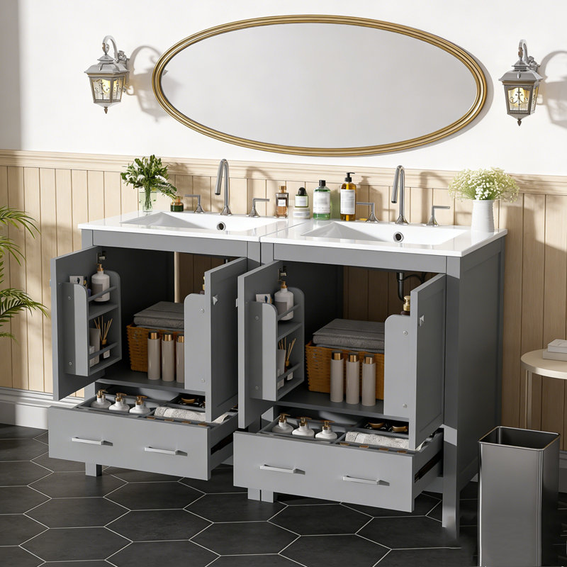 Meuble-lavabo de salle de bain avec lavabo encastré intégré avec tiroir divisé et tablette de porte à double couche, Gris