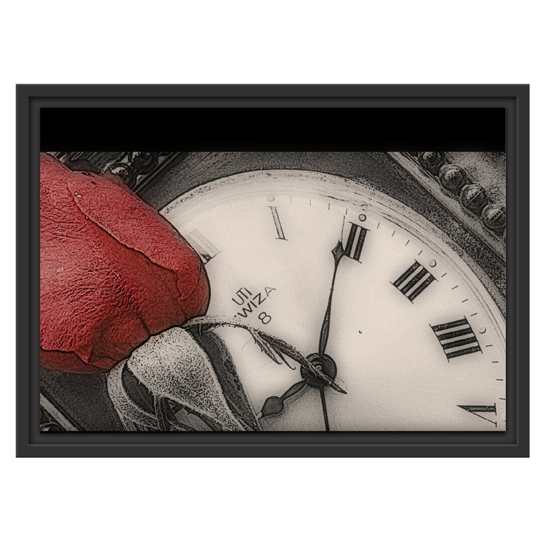 Gerahmtes Wandbild rote Rose auf alter Uhr