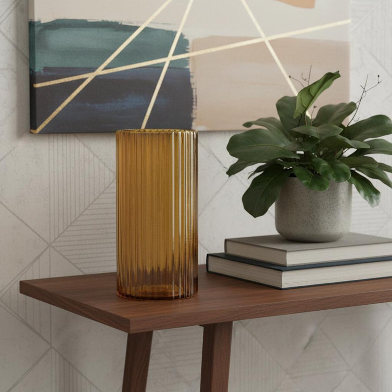 11" Amber Glass Ribbed Cylinder Table Vase, Amber, 11.42" H x 6.1" W x 6.1" D
