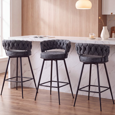 Modern Dark Gray Suede Fabric Upholstered Bar Stool With Woven Look Backrest & Fixed Black Metal Frame Stable Counter Height Stool For Kitchen Breakfast Bar Or Cafe, Set Of 3