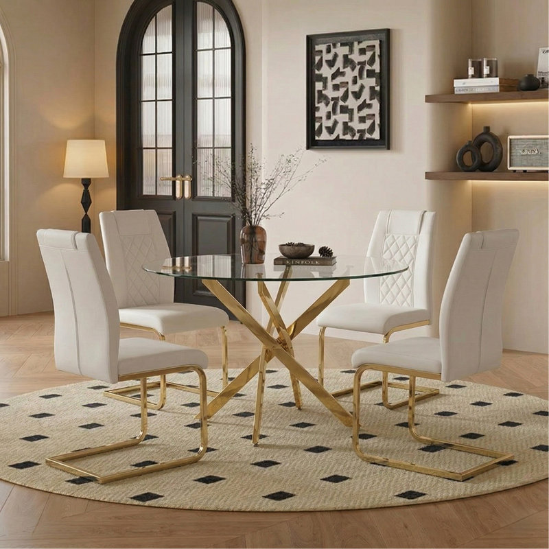 Ensemble de table de salle à manger ronde en verre pour 4 personnes, table de salle à manger en verre de 35,5 po avec pieds dorés, table de cuisine moderne pour la maison (table et chaises dorées)