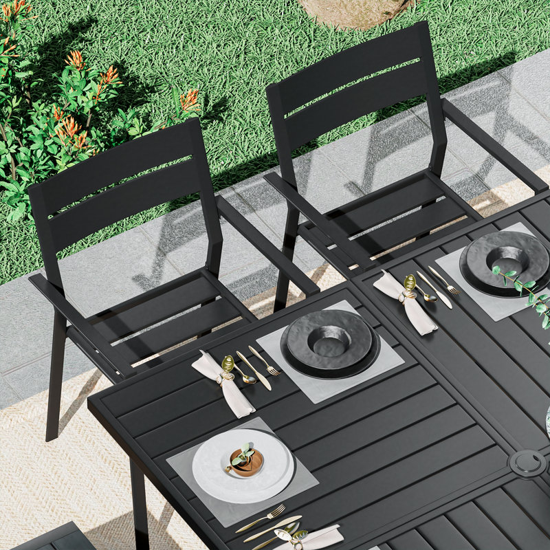 Patio Dining Set with Stackable Metal Chairs and 59" Square Dining Table, Black