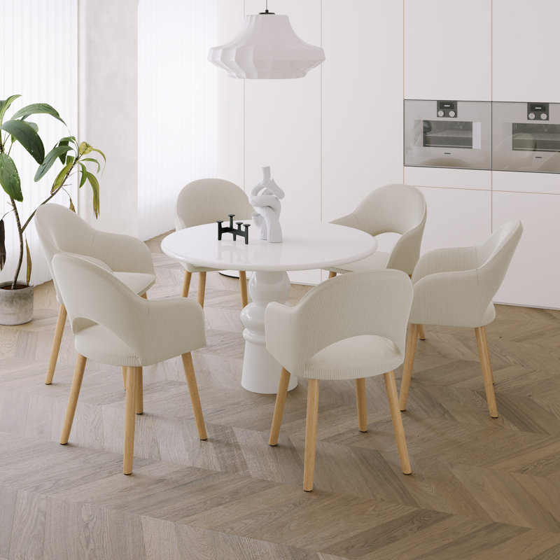 49.5cm H Modern Solid Wood Legs Upholstered Dining Chair with Arm, Beige Corduroy/Natural