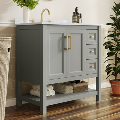 Ensemble de meuble-lavabo simple 36 po avec lavabo, armoire, tablette de rangement ouverte et tiroirs de rangement Caniya