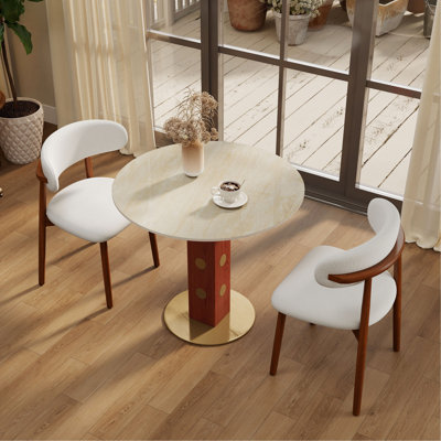 Modern Round Dining Table, 33.5" Matte Cave Stone Slate Table with Wooden Leg &  Base, 2 - Person Kitchen Table for Small Space, 150lbs Weight Capacity(Only the Negotiation Table)