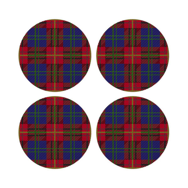 Tartan Blue Vegan Leather Round Coasters, Blue