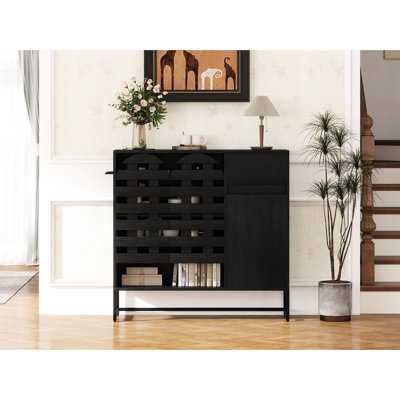 Black Woven Door Cabinet With Arched Doors, Adjustable Shelves And Metal Legs For Living Room Dining