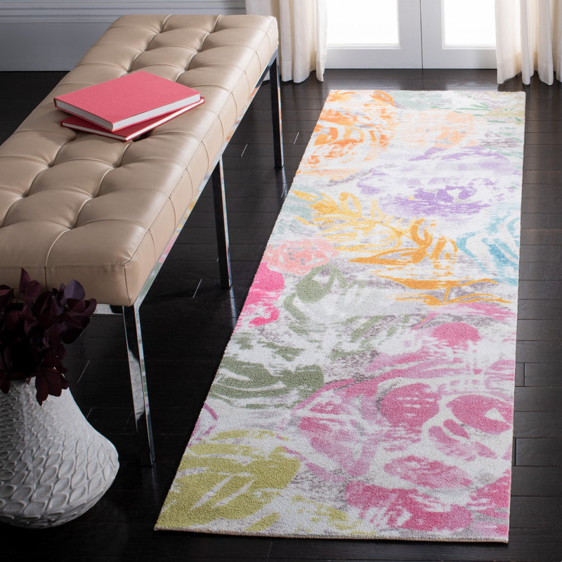 Pink and Plum Floral Synthetic Easy Care Runner Rug