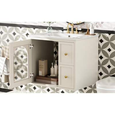 Meuble-lavabo 24 po: fixé au mur pour les petits espaces, lavabo en céramique, 1 porte à fermeture douce, 2 tiroirs profonds, peu encombrant, installation rapide, trop-plein Modern Decor 2, rangement pour porte en verre, assemblage, look