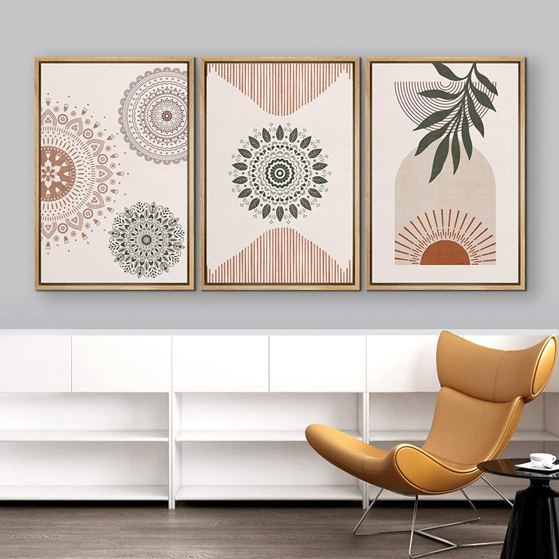 Mid Century Modern Boho Geometric Mandala Pattern Forest Plant - 3 Piece Floater Frame Graphic Art Set on Canvas, Natural