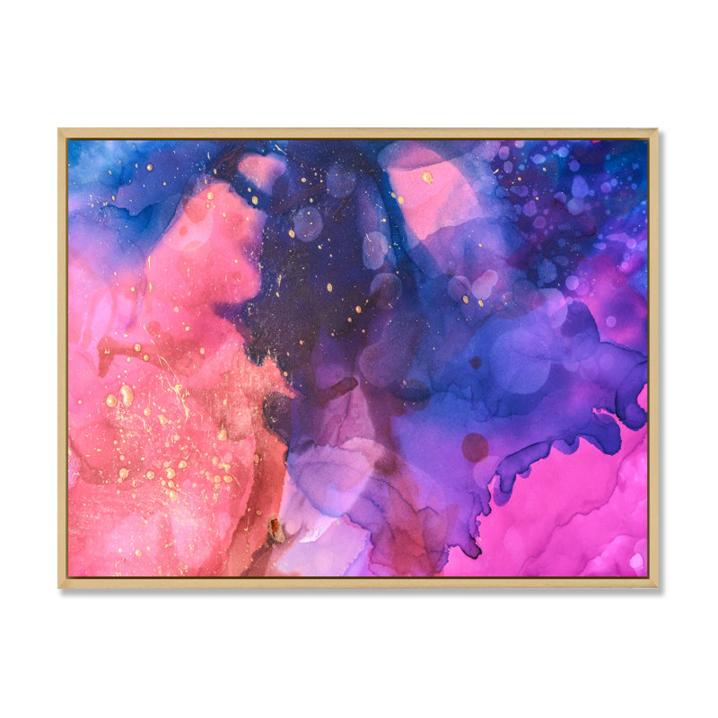 Bleu, rouge, mauve, éclaboussures - art moderne sur toile, H 34 po x l 44 po x P 1,5 po, Cadre flottant brun