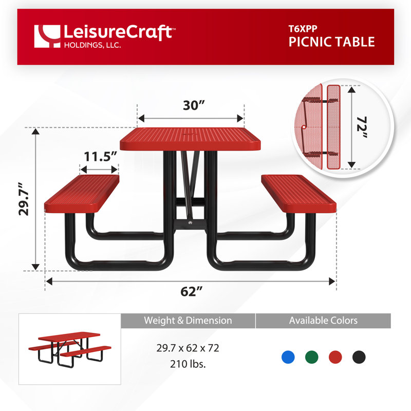 Leisure Craft Standard Outdoor Picnic Table, Red, 72" W
