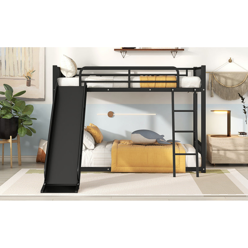 Metal Bunk Bed With Slide, Twin Over Twin, Black