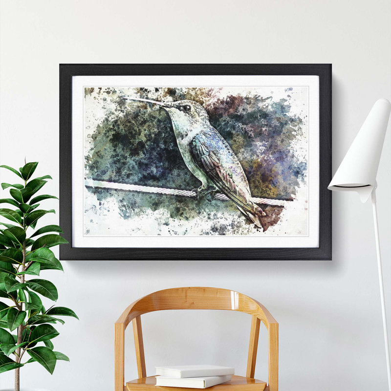 Hummingbird Bird on a Wire in Abstract - Picture Frame Painting Print, 62cm H x 87cm W x 2cm D, Black Framed