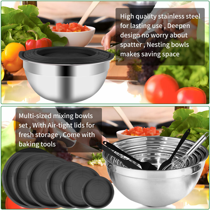 27-Piece Stainless Steel Mixing Bowl Set with Lids and Utensils