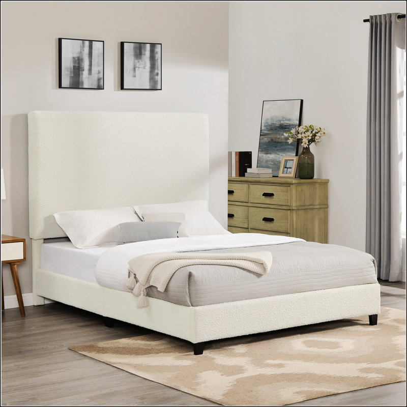 Grand lit plateforme tapissier blanc Boucle