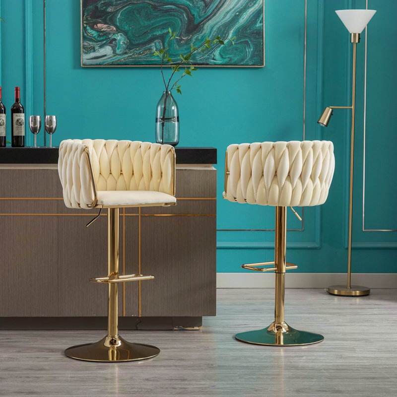 Ensemble de 2 tabourets de bar, avec repose-pieds chromé et base pivotante à hauteur réglable en velours velours mécanique + pieds dorés, ivoire