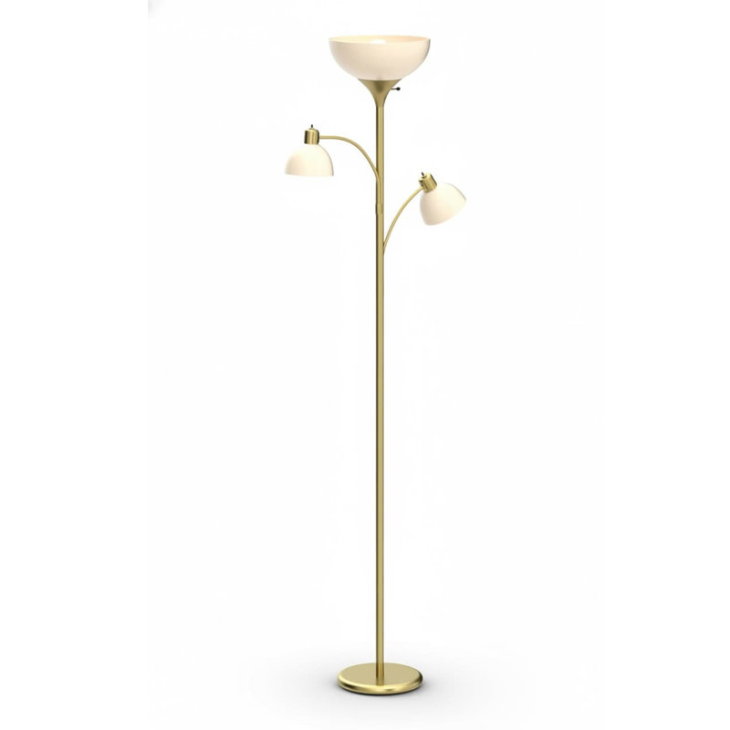 Sky Dome Double LED Torchiere Floor Lamp - Pole Super Bright Dimmable Standing Lamp with 2 Reading Lights, Gold