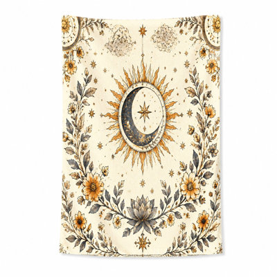 1Pcs Celestial Sun Moon Tapestry, featuring mystical and motifs with floral starry embellishments. Bohemian style wall hanging, perfect for living room, bedroom, dorm, as a beach throw, boho decor.