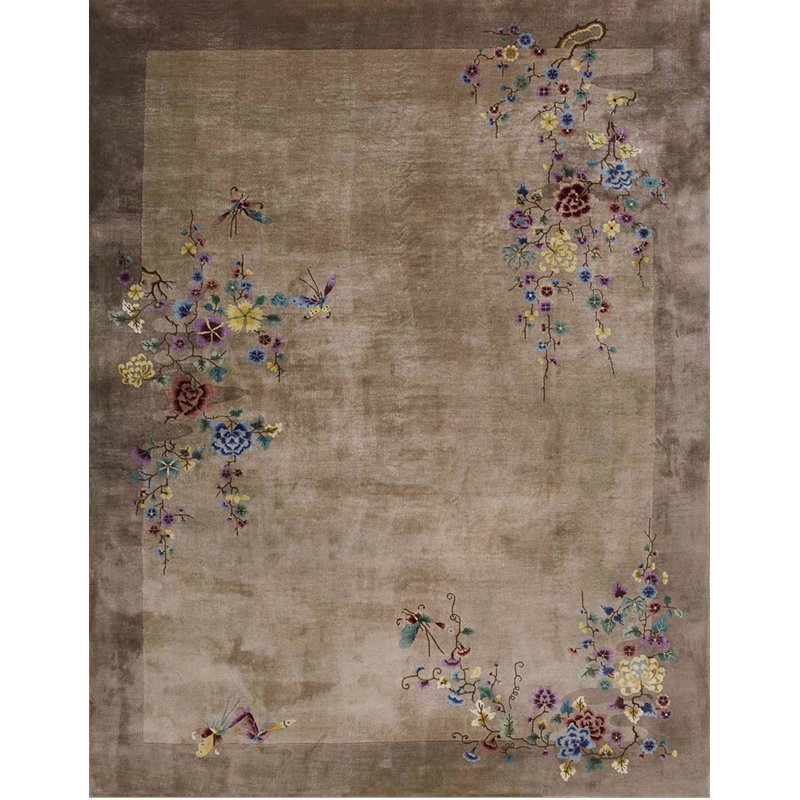 1920s Rectangle Knotted Chinese - Art Deco Wool Ivory Room Size Antique Rug