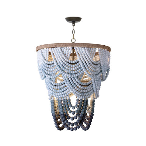 Coastal-style tiered drum chandelier featuring an ombre design of blue and white wooden beads hanging from a rustic rope-wrapped frame.