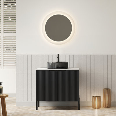 Meuble-lavabo de salle de bain avec lavabo, armoire de rangement autoportante avec 2 portes, lavabo rond en verre et comptoir en pierre frittée Carrara, sans robinet