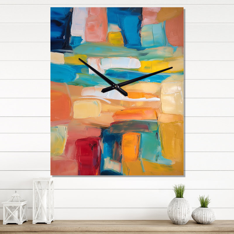 Vibrant cubiste Colourfields - Collages abstraites très grandes horloges murales, H 40 po x l 30 po x P 1 po