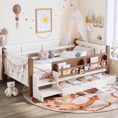Lit simple au sol avec bibliothèques et tiroirs de rangement, lit pour enfants en bois massif avec de jolis escaliers et garde-corps, aucun sommier nécessaire, beige