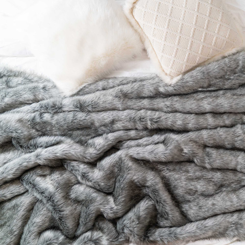 Luxurious Gray Faux Fur Reversible Throw Blanket, 50" x 60"