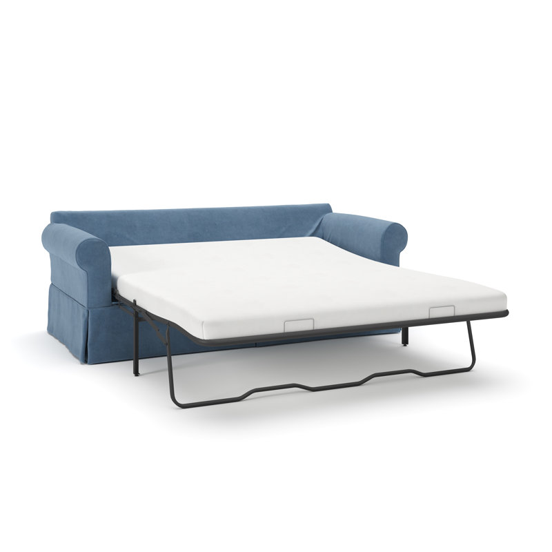 Amari 84" Rolled Arm Slipcovered Sleeper Sofa with Reversible Cushions, Bella Ocean Performance Velvet
