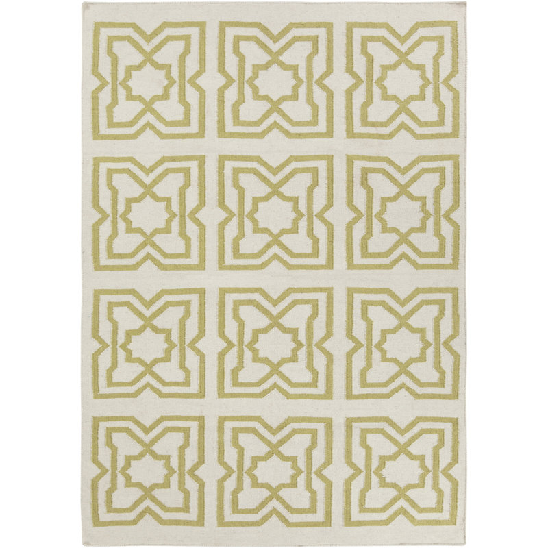 Chevella Authentic Handmade Green Reversible Geometric Shapes Ivory Wool/Cotton Blend Flatweave Indoor Area Rug, 3' x 5'