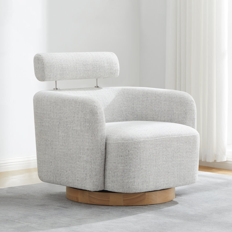Becerril Upholstered Swivel Barrel Chair, White (Multi-colored), Natural Ash