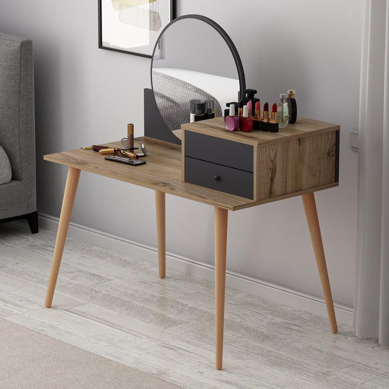 Modern Make-Up Table with Under Desk Keyboard Tray, Anthracite & Walnut, 47.2 x 37.8 x 23.6 inches | 100% Melamine Coated Particle Board, 0.71 inch Thickness | 2 Drawers & Multiple Shelves, Wall-Mountable Design