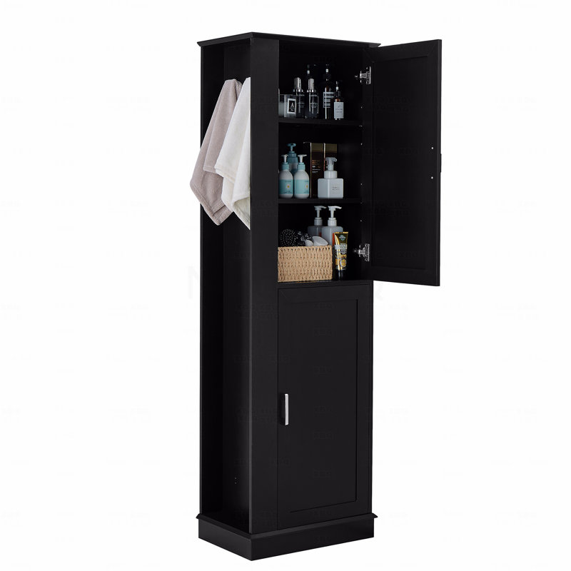 Grande armoire de rangement pour salle de bain, armoire de rangement autoportante avec crochet et tablettes réglables, panneau de fibres à densité moyenne