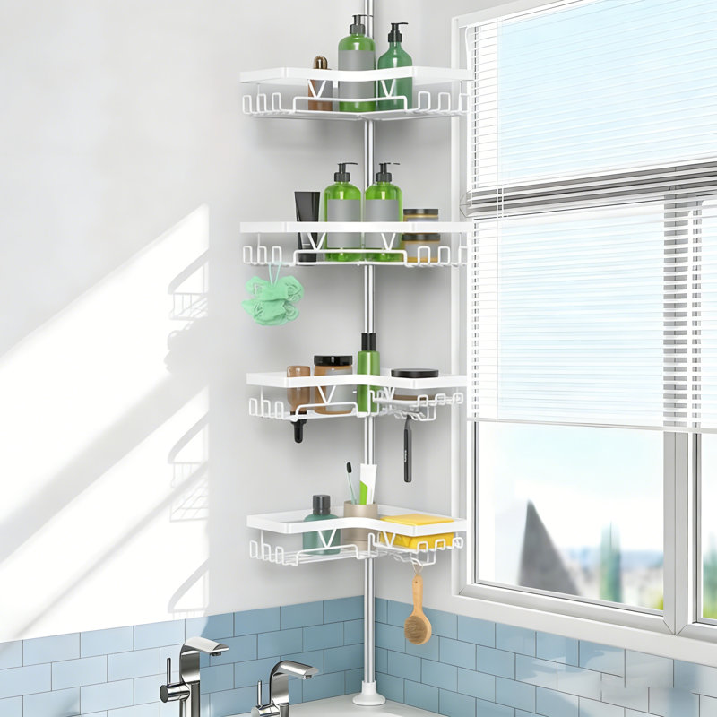  Serviteur de douche à poteau à tension réglable KÉGII, organisateur de coin de salle de bain à 4 niveaux sans installation de perçage, support de rangement de salle de bain imperméable, argent