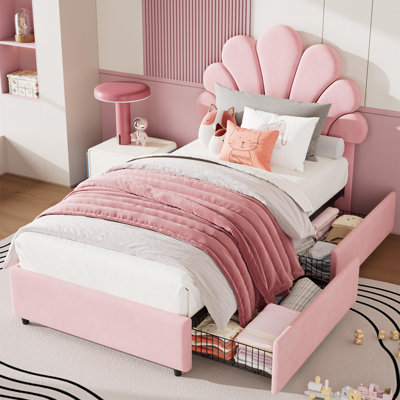 Twin Size Bed Frame for Kids - Cute Princess Style Velvet Headboard with 2 Storage Drawers. Upholstered Platform Bedframe with  Wood Slats Support