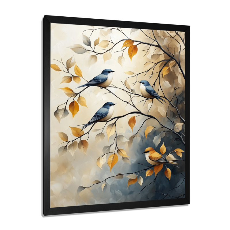 Oiseaux chanteurs sur des branches d'automne - Tableau encadré d'oiseaux bleus, H 40 po x l 30 po, Cadre photo noir