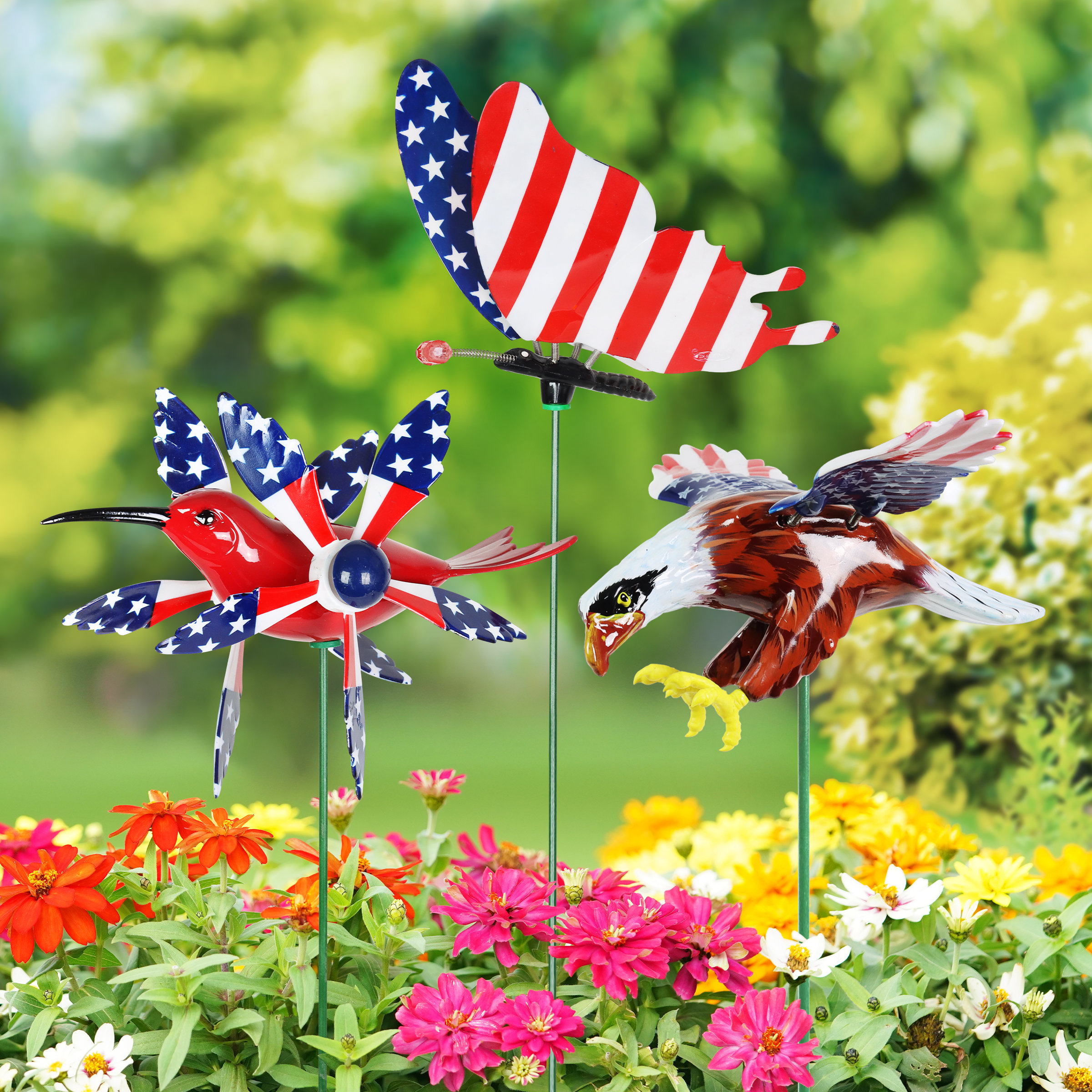 Exhart Patriotic WindyWings Garden Stakes in Butterfly, Hummingbird