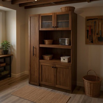 Farmhouse Accent Cabinet with Expandable Pull-Out Organizer, Glass Doors & Multi-Tier Storage