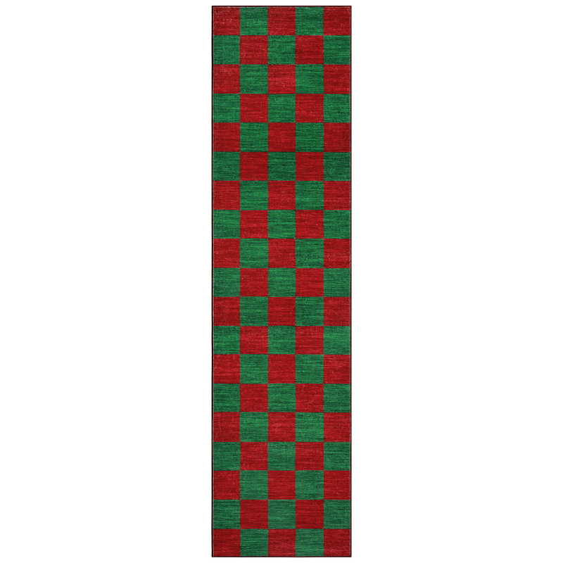 2 x 6 Runner Rug Machine Washable Carpet Christmas Themed Checkerboard Rug, Festive Decor for Living Room Bedroom Holiday Season Nonslip NonShedding Carpet(Red Green)