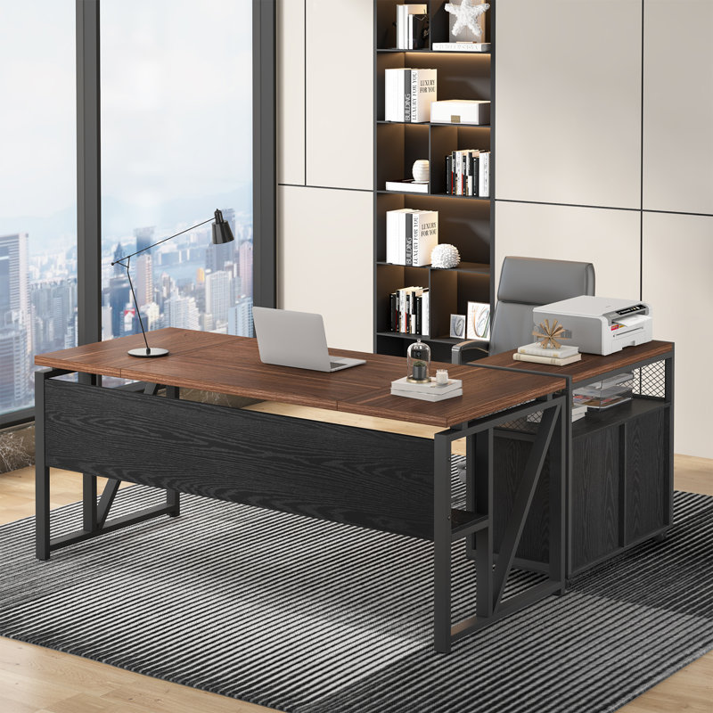 Bureau de direction et classeur latéral 2 pièces Lympsham, H 29 po x l 63 po x P 55 po, Brun foncé / noir