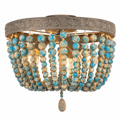 Plafonnier encastré vintage à 3 lumières avec perles de bois, bleu rétro pour la décoration intérieure