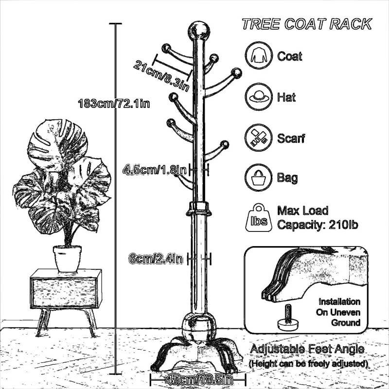 Portemanteau autoportant en bois avec 7 crochets, support pour arbre d'entrée robuste avec base stable à 4 pieds, capacité de 210 lb pour l'entrée, le couloir et l'organisation de la chambre à coucher