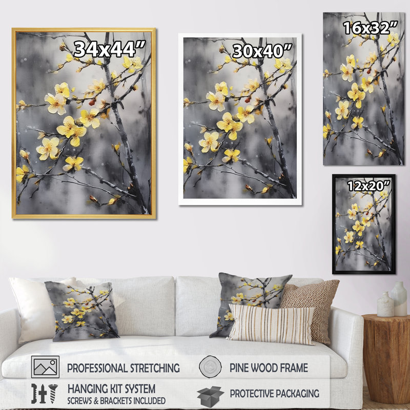 «Yellow and Gray Cherry Blossoms Tree I», reproduction d'art sur toile Cherry Blossom, H 32 po x l 16 po x P 1 po