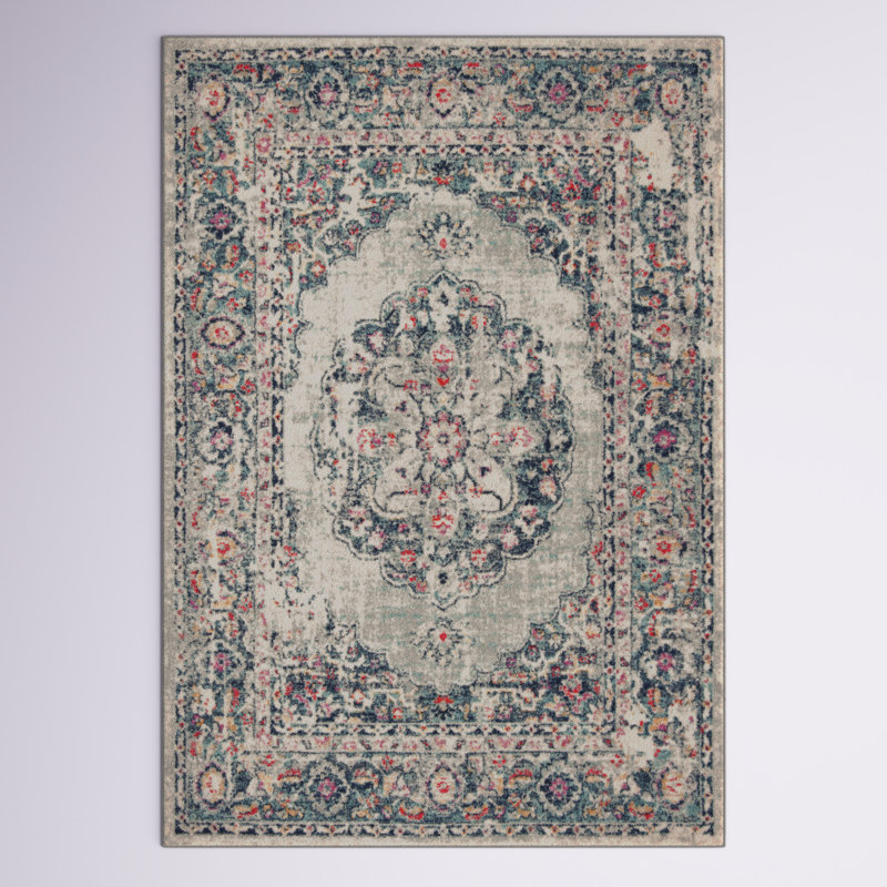 Tapis gris clair / fuchsia / menthe en laine de style sud-ouest Christa, Rectangle 5 pi 3 po x 7 pi 6 po